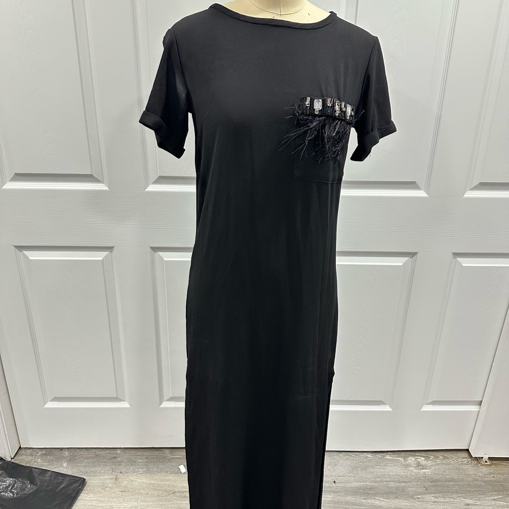 Elegant Black Dress with Feather Detail